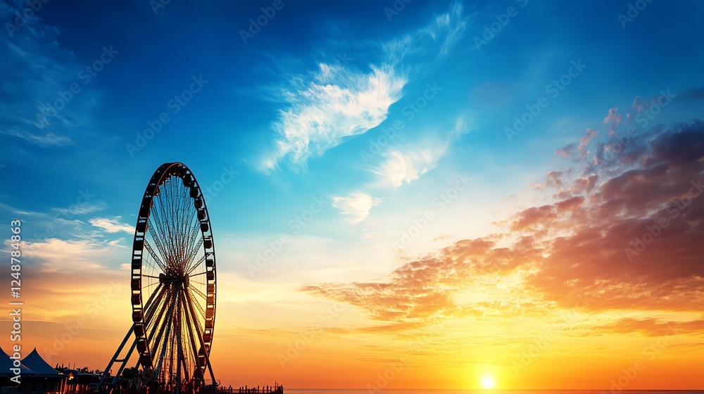 Ferris wheel silhouette against a colorful sunset sky, peaceful and dreamy amusement park atmosphere, warm golden hues Ferris wheel silhouette against a colorful sunset sky, peaceful and dreamy amusement park atmosphere, warm golden hues
