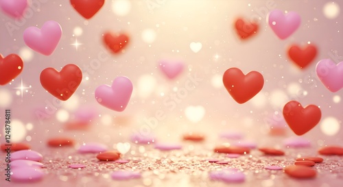 Romantic and cute background filled with soft pink and red floating hearts, gentle sparkles, and a warm glow, perfect for love-themed design