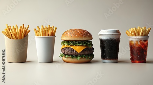 Delicious fast food arrangement featuring a cheeseburger, fries, and drinks on a neutral background