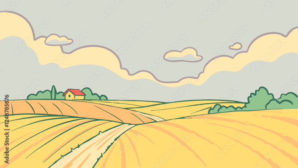 Fototapeta premium Flat sketch of a rural farm landscape with fields, and a house in the background. Ideal for agricultural branding, prints, and nature-themed projects.