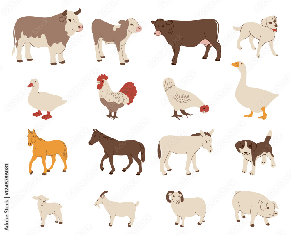 A set of hand drawn farm animals including cows, sheep, horses and chickens in a playful design. A set of hand drawn farm animals including cows, sheep, horses and chickens in a playful design.