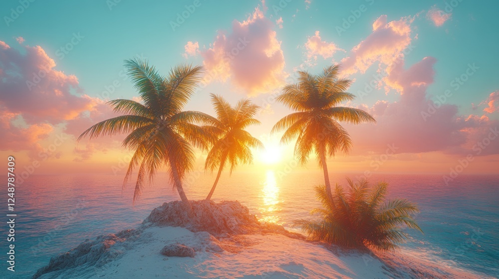 Fototapeta premium Idyllic sunset over tropical island with palm trees.