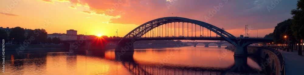 Fototapeta premium Elegant bridge arching over Seine river at sunset, iron, urban photography, historical