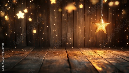 Wallpaper Mural Glowing Golden Stars on Dark Wooden Background Torontodigital.ca