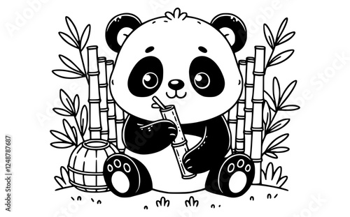 Adorable panda eating bamboo, sitting in a bamboo forest, minimalistic and cute design