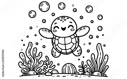 Happy turtle swimming underwater, with bubbles and seaweed