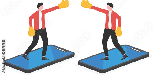 Businessman concept illustration of businessman with boxing gloves comes out from cellular phone ready to fight

