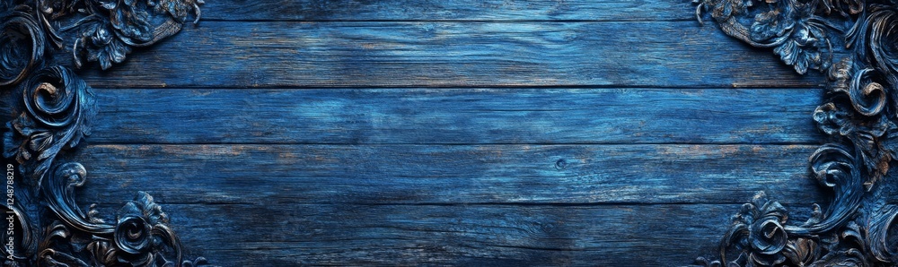 Fototapeta premium Blue wood background with ornate frame, perfect for invitations