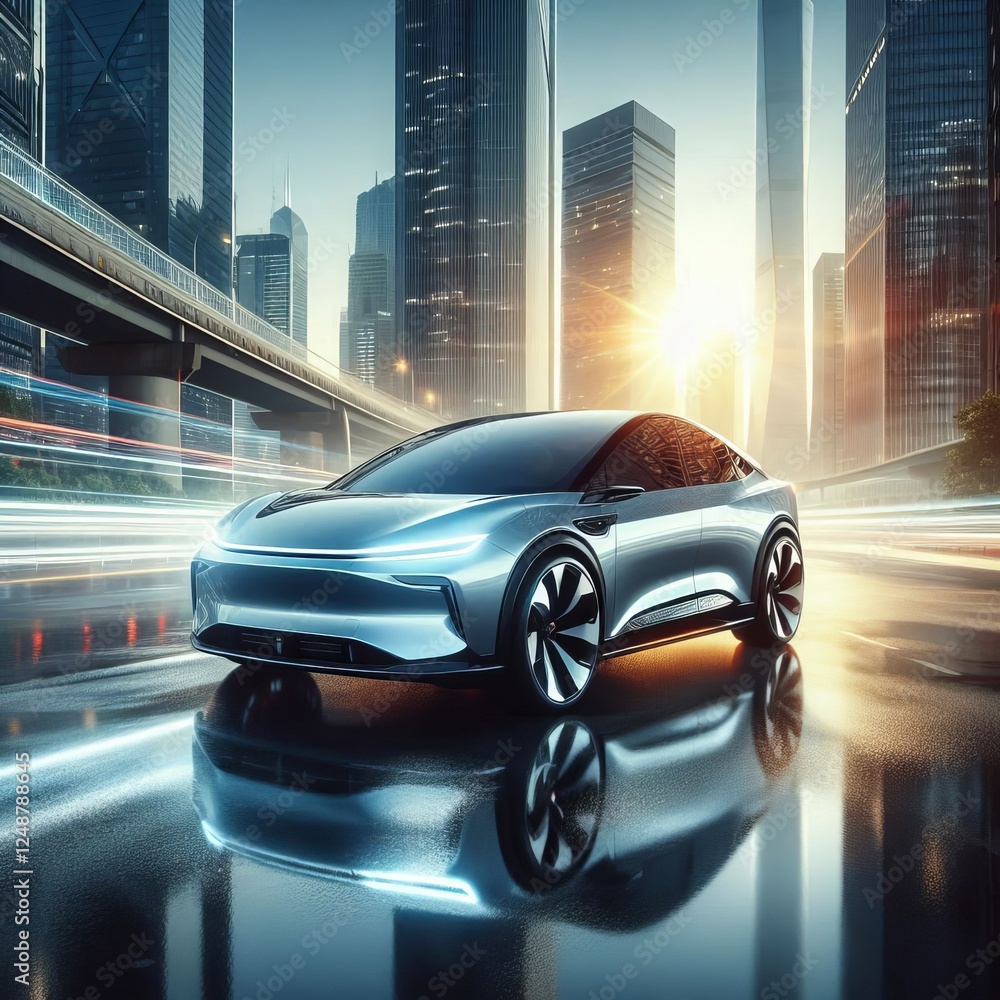 electric car, sparkling against the backdrop of a dynamic metropolis with skyscrapers and reflections in wet asphalt.
electric car, sparkling against the backdrop of a dynamic metropolis with skyscrapers and reflections in wet asphalt.