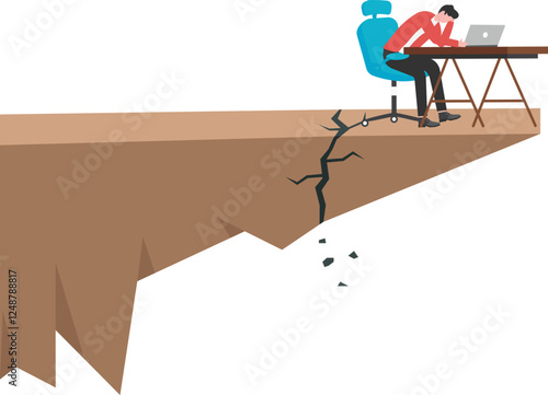 Businessman working on laptop sitting on the cracked cliff edge, risk, danger, comfort zone concept

