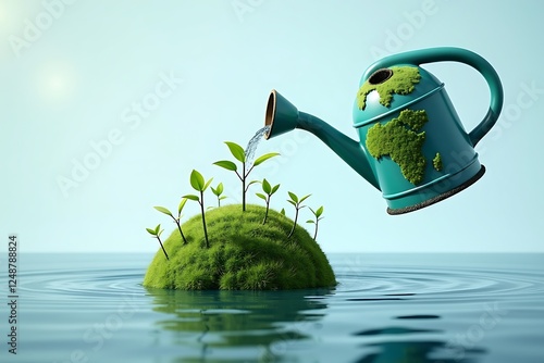 Earth-Shaped Watering Can Nurturing Plant Sprouts on a Green Globe Surrounded by Water