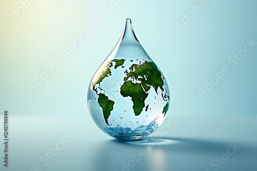Globe-Shaped Water Droplet with Realistic Greenery and Ocean Textures on Gradient Background