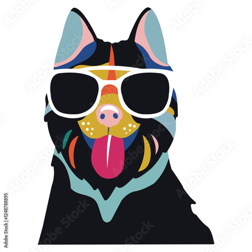 Cool Canine: A stylized illustration of a dog donning stylish sunglasses, radiating coolness and charm, set against a minimalist backdrop.
