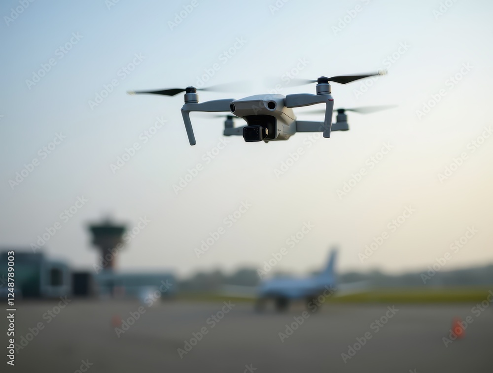 Drone hovering over airport runway near control tower
