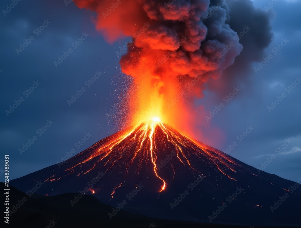 Majestic volcano erupting with fiery lava flow Majestic volcano erupting with fiery lava flow