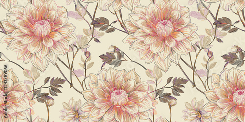 Repeating pattern of soft pink and white dahlia flowers with brown leaves on a light beige background.
