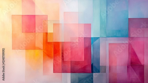 Translucent squares in varying hues arranged in geometric composition