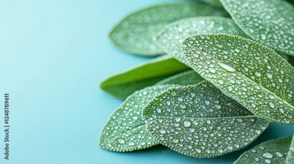 Obraz premium Fresh green sage leaves covered with water droplets gleam