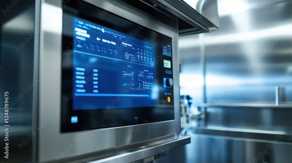 Cutting edge laboratory equipment featuring a digital interface with scientific data displayed. The sleek design and stainless steel surroundings highlight innovation in scientific research Cutting edge laboratory equipment featuring a digital interface with scientific data displayed. The sleek design and stainless steel surroundings highlight innovation in scientific research