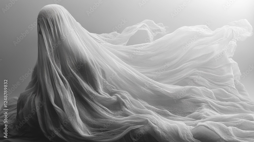 Ghostly Silhouette in Flowing White Fabric on Grey Background. Generative AI Ghostly Silhouette in Flowing White Fabric on Grey Background. Generative AI