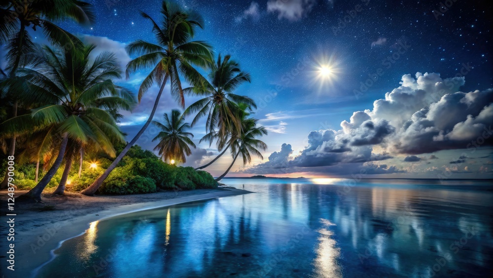 French Polynesia's night: palm trees silhouetted against a moonlit tropical seascape. French Polynesia's night: palm trees silhouetted against a moonlit tropical seascape.