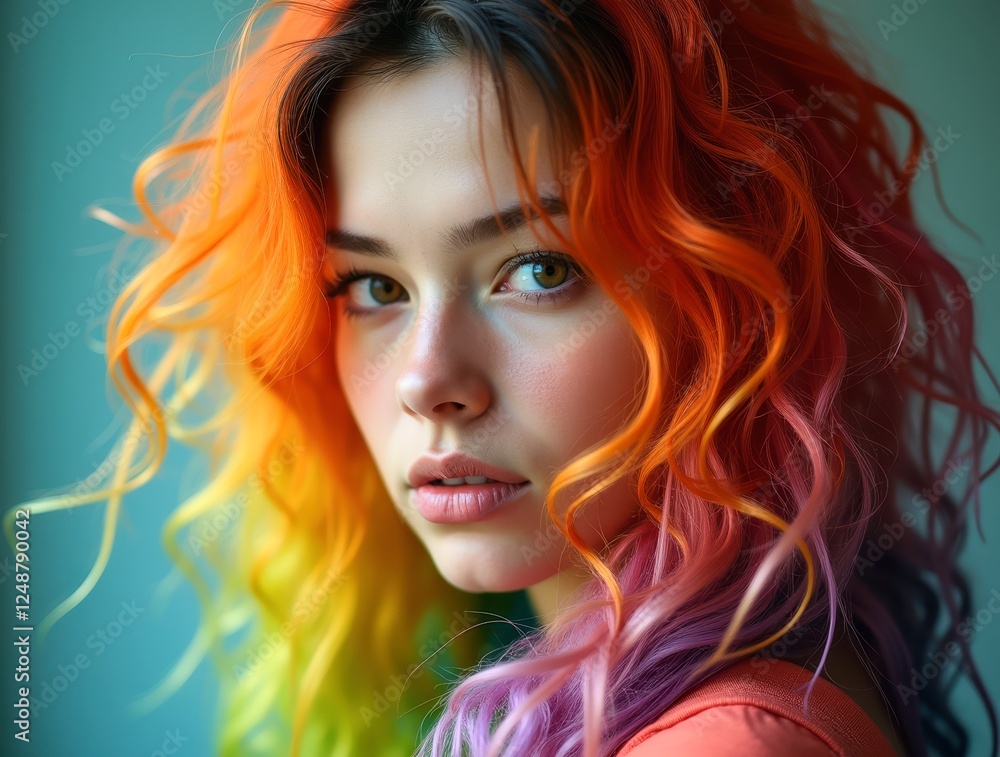 Obraz premium Young woman embracing vibrant colorful hair style