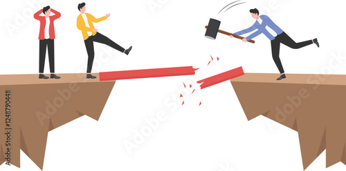 Businessman using a sledgehammer to destroy a bridge, preventing other businessmen from crossing. Ideal for business rivalry,

