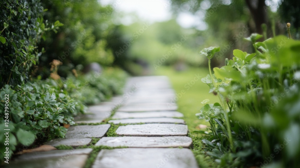 Stone path in lush garden, tranquil scene Stone path in lush garden, tranquil scene