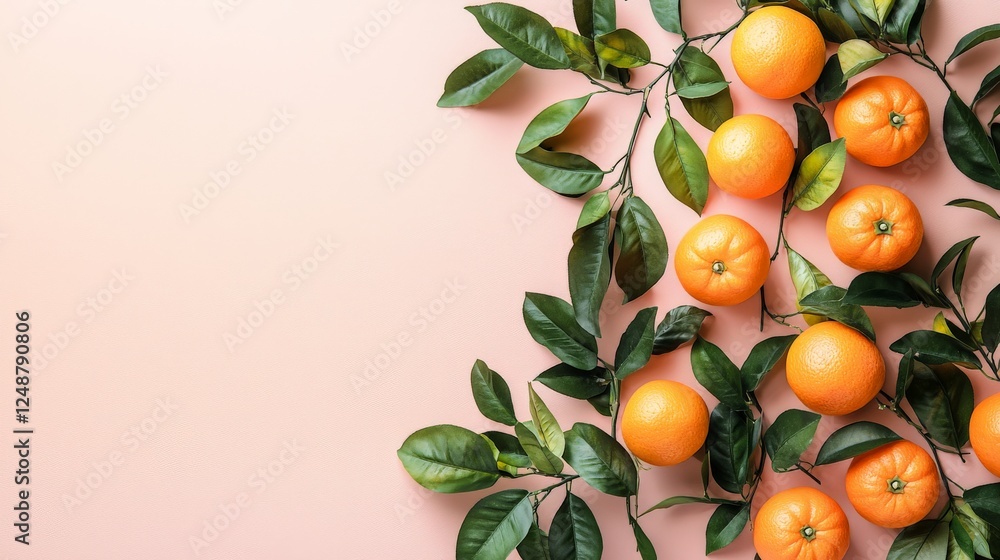 Simple arrangement of tangerines with green leaves on a smooth pastel background Simple arrangement of tangerines with green leaves on a smooth pastel background