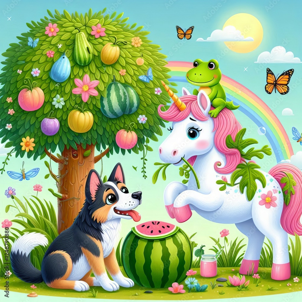 Naklejka premium Unicorn and dog at the magic tree.