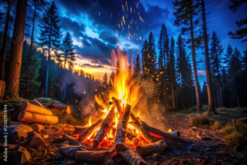 Glowing embers illuminate a dark forest; rule of thirds composition captures the wilderness scene's beauty. Glowing embers illuminate a dark forest; rule of thirds composition captures the wilderness scene's beauty.