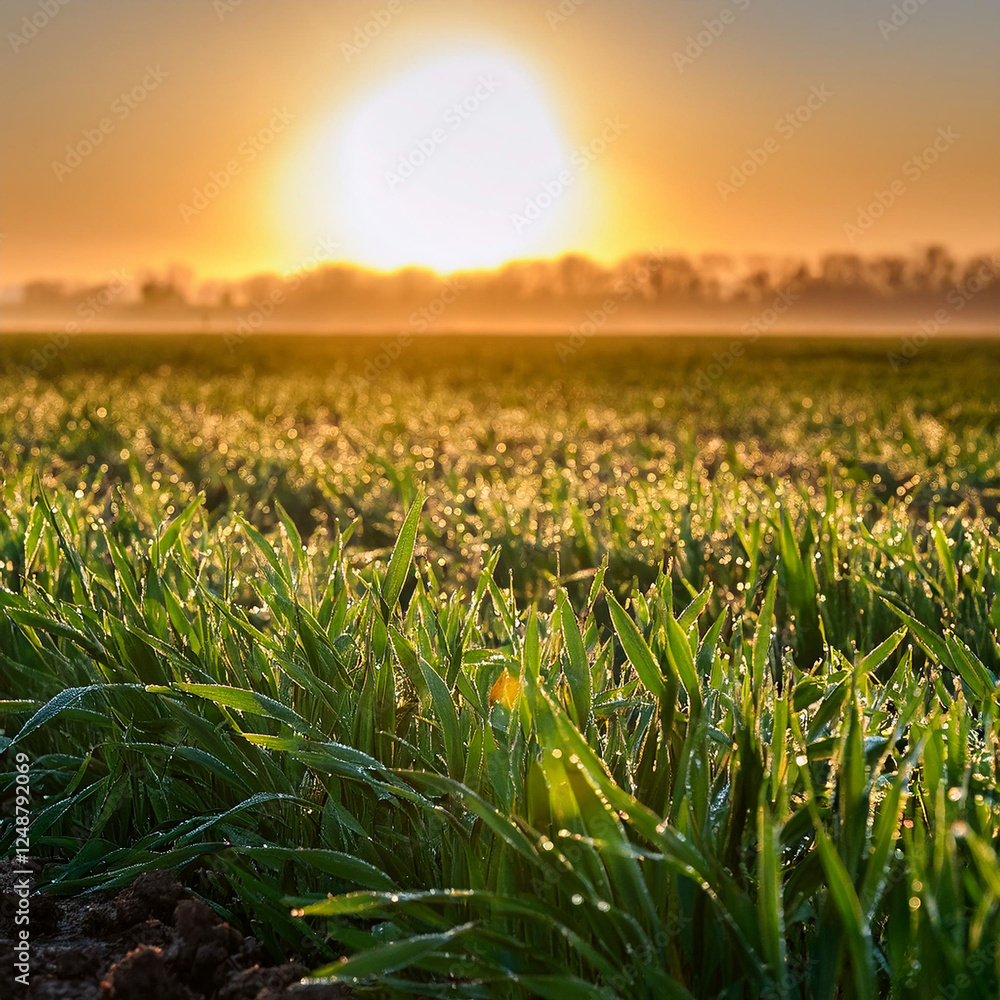 Fototapeta premium Early morning dew glistening on a field of freshly sprouted wheat under a rising sun.