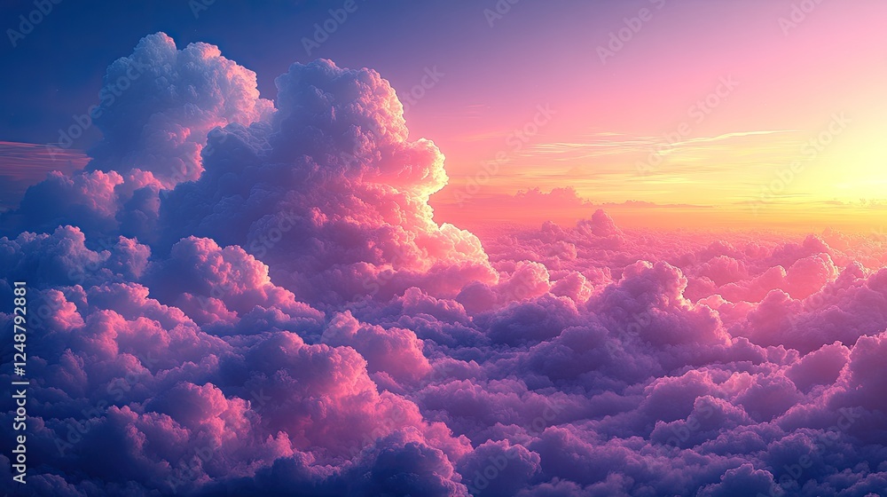 Naklejka premium Vibrant sunset over a sea of clouds, showcasing colors of pink and purple in the sky