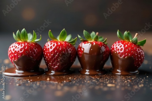 Four strawberries drenched in glossy dark chocolate, stilllife, fruit, texture photo