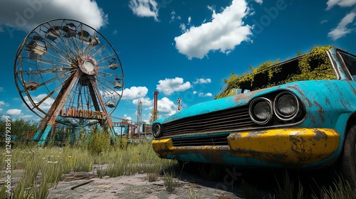 Postapocalypticthemed amusement park, abandoned rides covered in vines, eerie and dystopian adventure setting