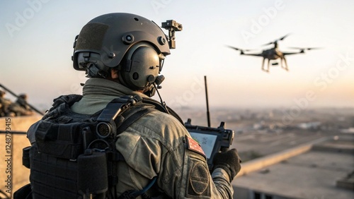 Drone Operator Military Forces and Army, Soldier Operating Drone during Military Operation or Mission	
