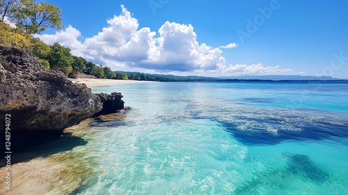 Rocky coastline with crystalclear water, hidden beach cove, nature s raw beauty, unspoiled paradise, perfect for travel and adventure themes photo