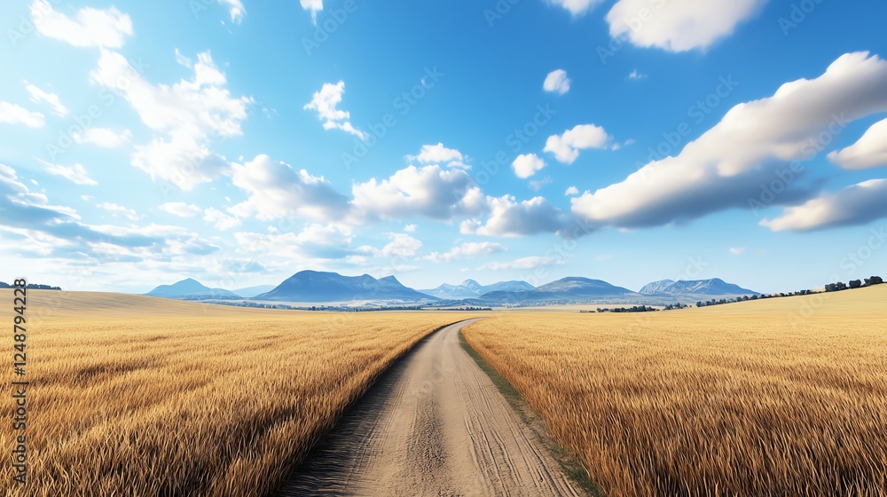 Fototapeta premium Rural dirt road, golden wheat fields, rustic charm, 3D illustration