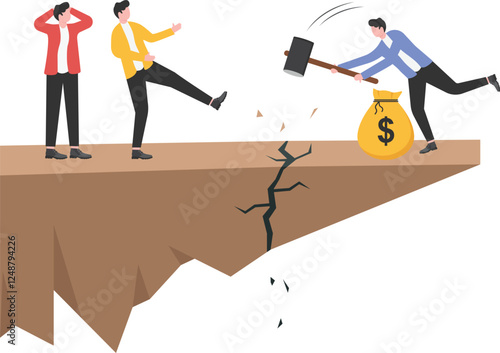 Businessman with a pick axe digs the edge of a rock to cause himself to fall, wrong strategy, stupidity concept

