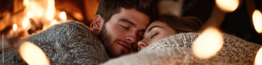 Couple Sleeping Under Blankets Near Fireplace Couple Sleeping Under Blankets Near Fireplace