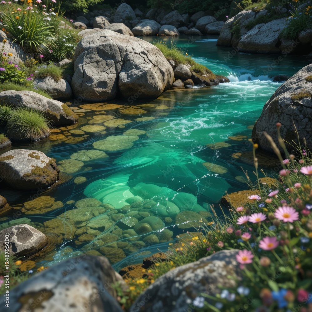Clear, turquoise waters flow over smooth stones, framed by wildflowers, creating a tranquil river scene that exudes natural beauty, ideal for promoting peace and serenity in nature.