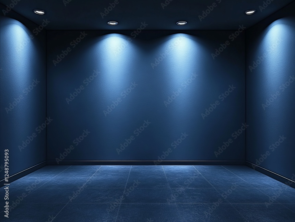 Dark blue room, spotlights, empty wall, floor, presentation Dark blue room, spotlights, empty wall, floor, presentation
