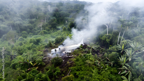 Aerial view of a crashed plane surrounded by a dense forest, depicting the aftermath of an aviation accident.
 photo