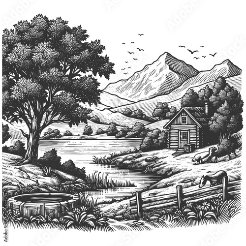 alpine village nestled in a valley, surrounded by towering mountains and a serene lake, drawn in an engraved, woodcut style sketch engraving generative ai vector. Scratch board. Black and white.
