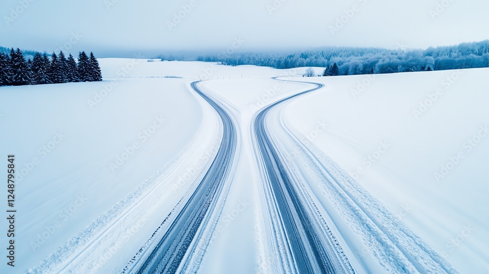 Obraz premium Snowy urban road with cars leaving tire tracks in fresh snow, winter season mood, festive and cozy coldweather atmosphere