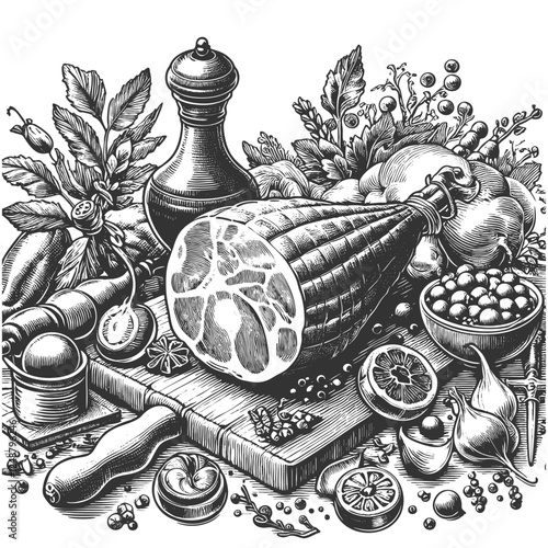 Spanish jamon cured ham surrounded by garlic, spices, and herbs, evoking rustic culinary charm sketch engraving generative ai vector illustration. Scratch board imitation. Black and white image.