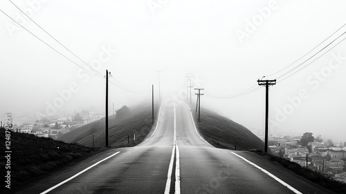 Steep hill road in a foggy metropolis, skyscrapers fading into mist, mysterious urban exploration, dynamic city perspective photo