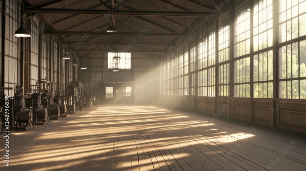 Sunlit industrial warehouse interior, machinery, forest view Sunlit industrial warehouse interior, machinery, forest view