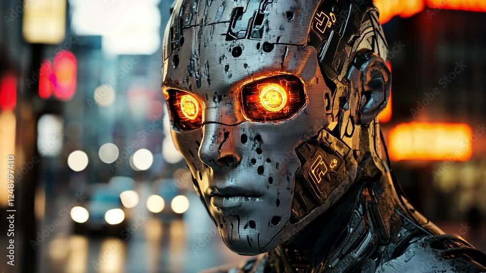 Futuristic cyborg with glowing orange eyes and metallic face in a cyberpunk city. 4K video Futuristic cyborg with glowing orange eyes and metallic face in a cyberpunk city. 4K video