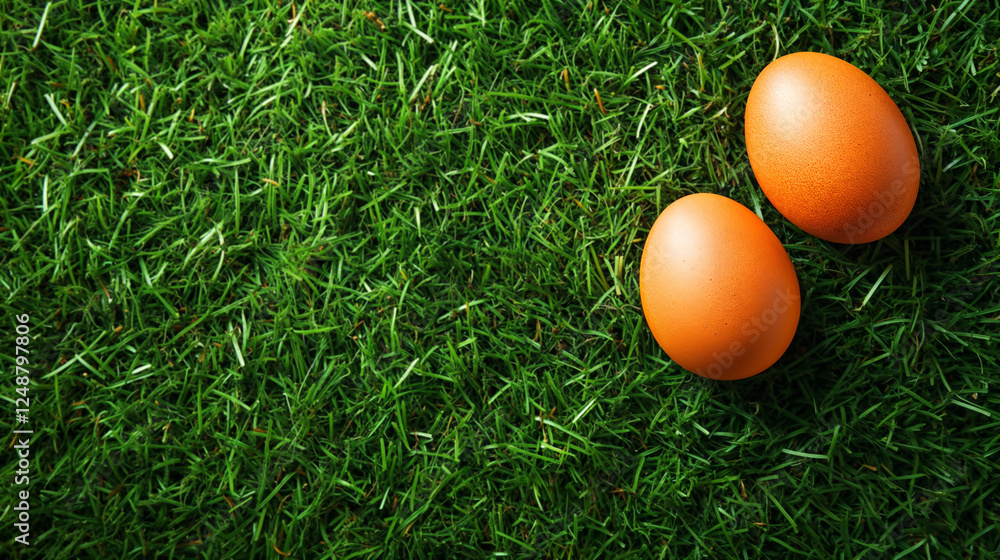 Two Easter eggs on fresh green grass, top view. Two Easter eggs on fresh green grass, top view.
